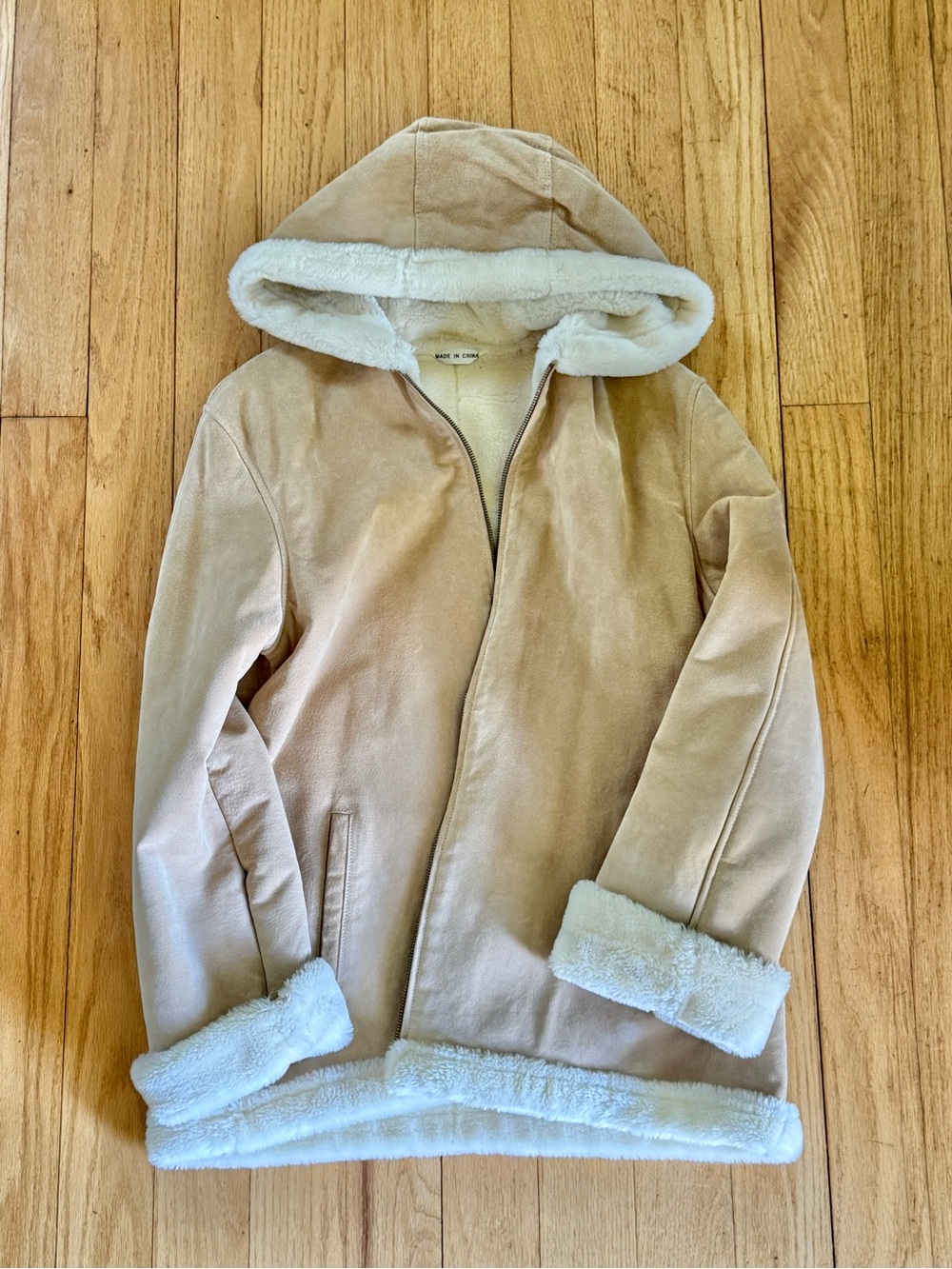 Sag Harbor Tan Faux Leather Hooded Jacket with White Trim